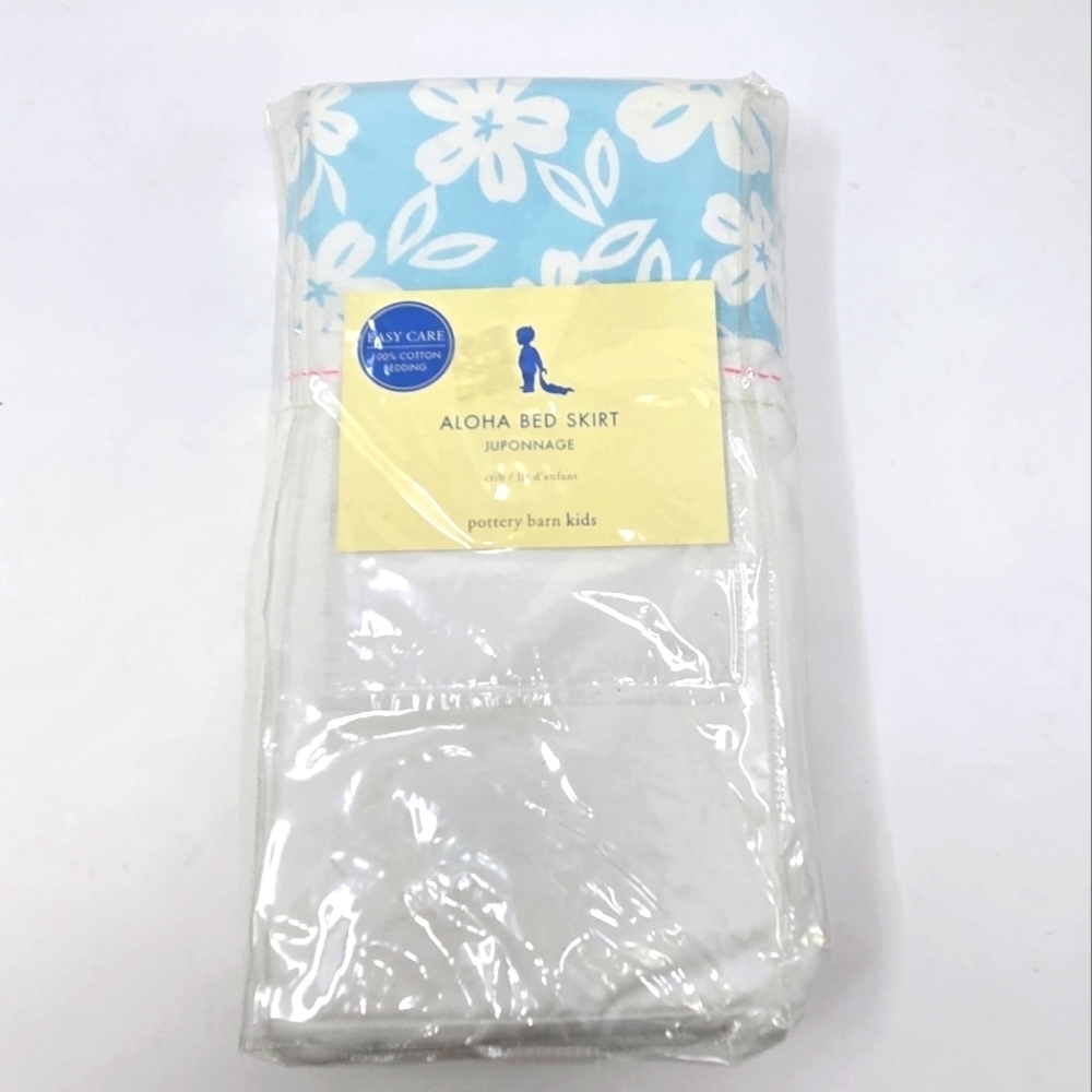 NEW POTTERY BARN KIDS CRIB ALOHA BED SKIRT DUST RUFFLE COTTON RARE BLUE FLORAL